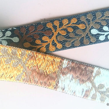 Shimmer Black Fabric Trim With White, Gold, Yellow And Brown Thread Embroidery - 200317L279